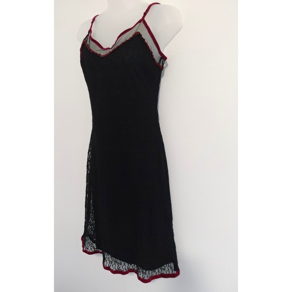 VTG Betsey Johnson Slip Dress Black Lace Rose Ditsy Neckline Velvet Trim Large - Picture 2 of 16